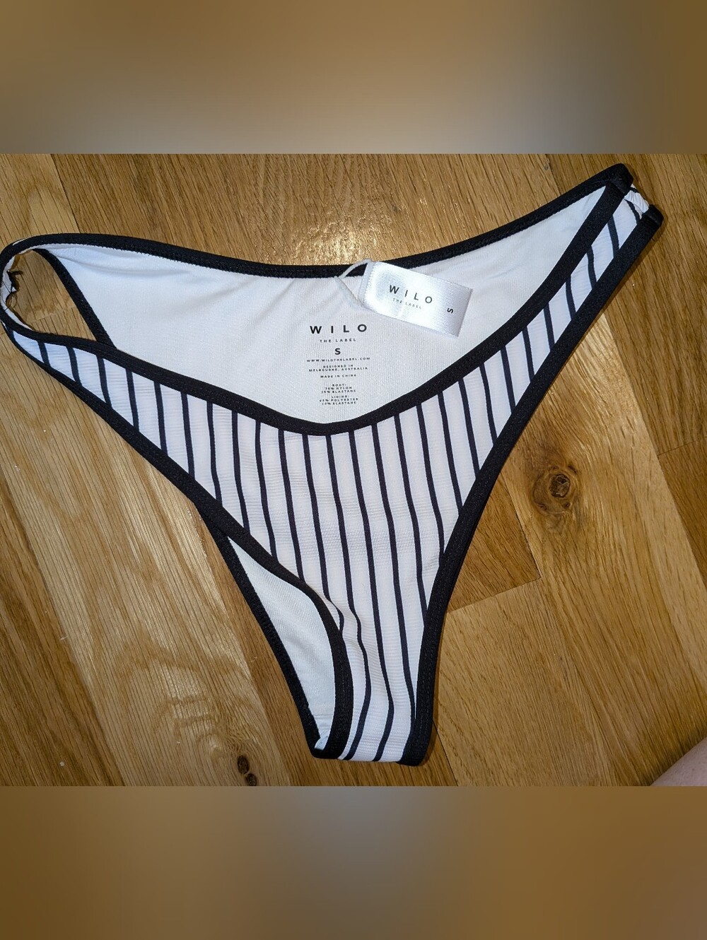 New! Wilo The Label Cheeky  Women's Black & White Striped Bikini Bottom